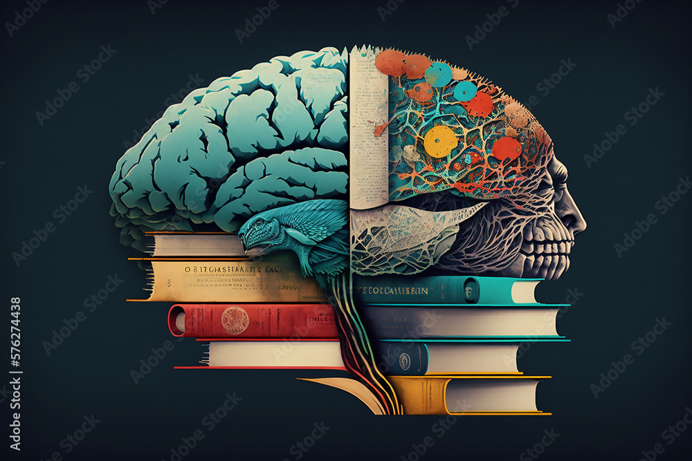 Wall mural conceptual art collage of brain on books representing science and knowledge, generative ai