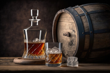 Glass of whiskey with ice and barrel