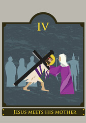 4th station. The Way of the Cross  or via Crucis. Traditional Version. Jesus meets his Mother. Editable Clip Art.