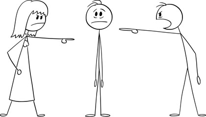 People or Parents Accusing or Blaming Man or Son , Vector Cartoon Stick Figure Illustration