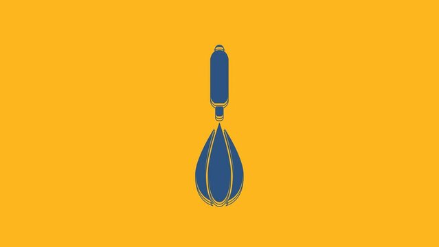 Blue Kitchen whisk icon isolated on orange background. Cooking utensil, egg beater. Cutlery sign. Food mix symbol. 4K Video motion graphic animation