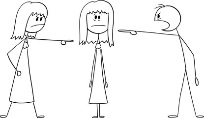People or Parents Accusing or Blaming Woman or Daughter, Vector Cartoon Stick Figure Illustration