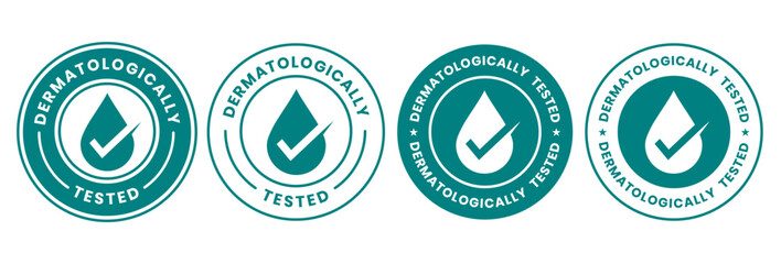 Set dermatologically tested vector label with water drop, leaf and hand logo. Dermatology test and dermatologist clinically proven icon for allergy free and healthy safe product package tag.