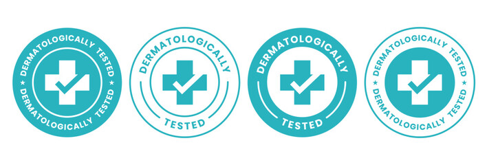 Set dermatologically tested vector label with water drop, leaf and hand logo. Dermatology test and dermatologist clinically proven icon for allergy free and healthy safe product package tag.