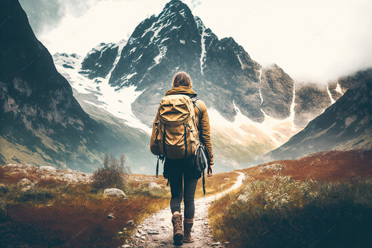 Hiker walking in a beautiful mountain landscape