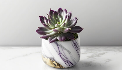 Echeveria Succulent in a pot on white marble background. Stylish and simple plants for modern desk. Generative AI
