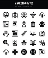 25 Marketing and Seo Lineal Fill icons Pack vector illustration.