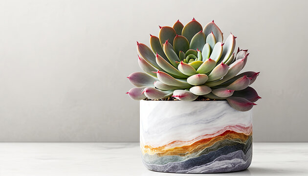 Echeveria Succulent in a pot on white marble background. Stylish and simple plants for modern desk. Generative AI