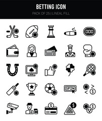 25 Betting Lineal Fill icons Pack vector illustration.