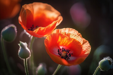 Fresh blooming spring poppies background in sunny summer day in the field. A macro spring concept.. Generative AI

