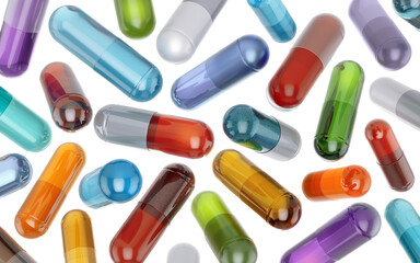 Medicine pills, vitamins, supplements 3D health care aid image. Colourful medications for the treatment of diseases: antibiotics, anti-inflammatory, antiviral drugs, headache, menstrual pain medicines