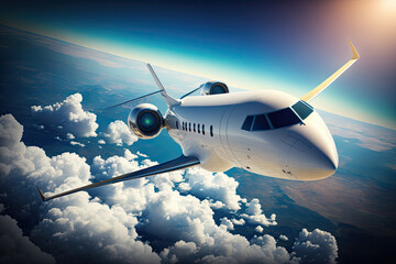 Naklejka na ściany i meble White Luxury generic design private jet flying with white clouds at background. 