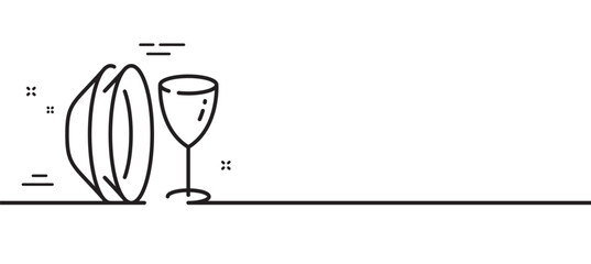 Dish plate line icon. Tableware wineglass sign. Food kitchenware symbol. Minimal line illustration background. Dish plate line icon pattern banner. White web template concept. Vector