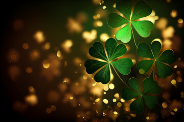 Clover Shamrocks and golden bokeh. Festive image for St. Patrick's day. generative ai. 