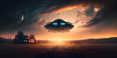Flying saucer flies at night in sky oversilhouette of man standing in field. Alien abduction. Created with Generative AI