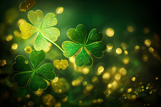 Clover Shamrocks and golden bokeh. Festive image for St. Patrick's day. generative ai 