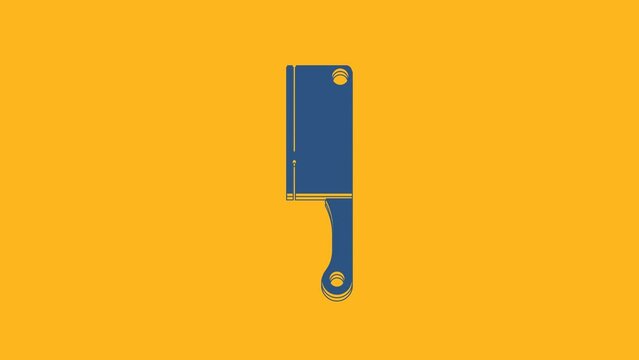 Blue Meat chopper icon isolated on orange background. Kitchen knife for meat. Butcher knife. 4K Video motion graphic animation