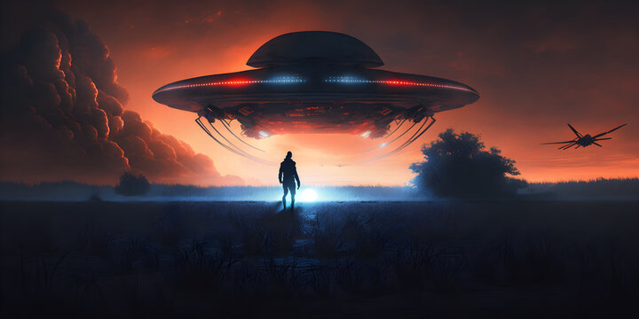 Flying saucer flies at night in sky oversilhouette of man standing in field. Alien abduction. Created with Generative AI