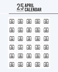 25 April Calendar Outline icons Pack vector illustration.