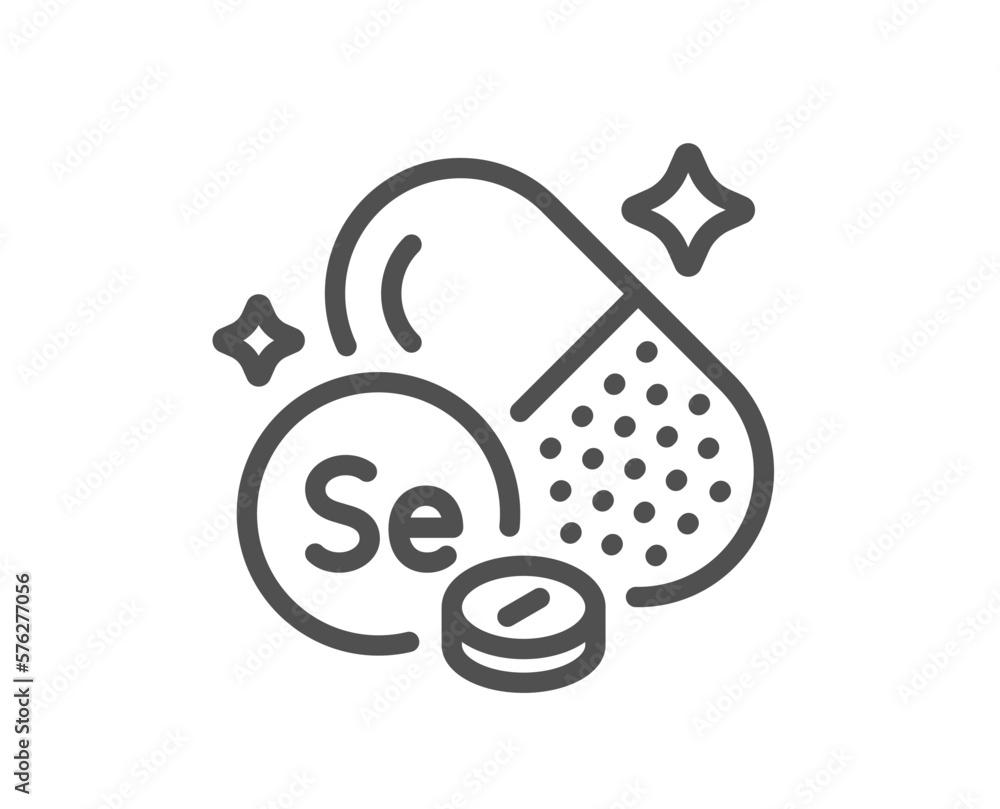 Poster selenium mineral line icon. chemical element se sign. capsule or pill symbol. quality design element