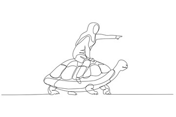muslim woman riding turtle that walk slowly concept of business development