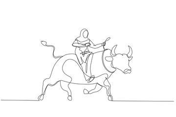 muslim woman investor riding and balance himself on rodeo bull concept of stock investor
