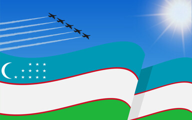 Flag of Uzbekistan and a fighter plane formation flying in the sky. 1th September Independence day Uzbekistan. Military aviation in the blue sky. Vector illustration