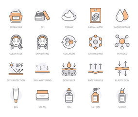 Skin care flat line icons set. Moisturizing cream, anti age lifting face mask, spf whitening gel vector illustrations. Outline signs for cosmetic product package. Orange color. Editable Stroke