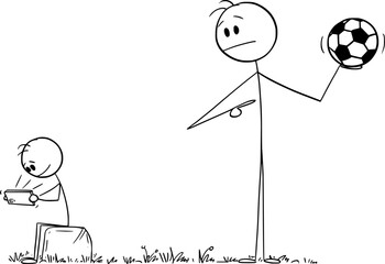 Child or Boy Playing Games on Mobile Phone, Don't Want to Do Sport , Vector Cartoon Stick Figure Illustration