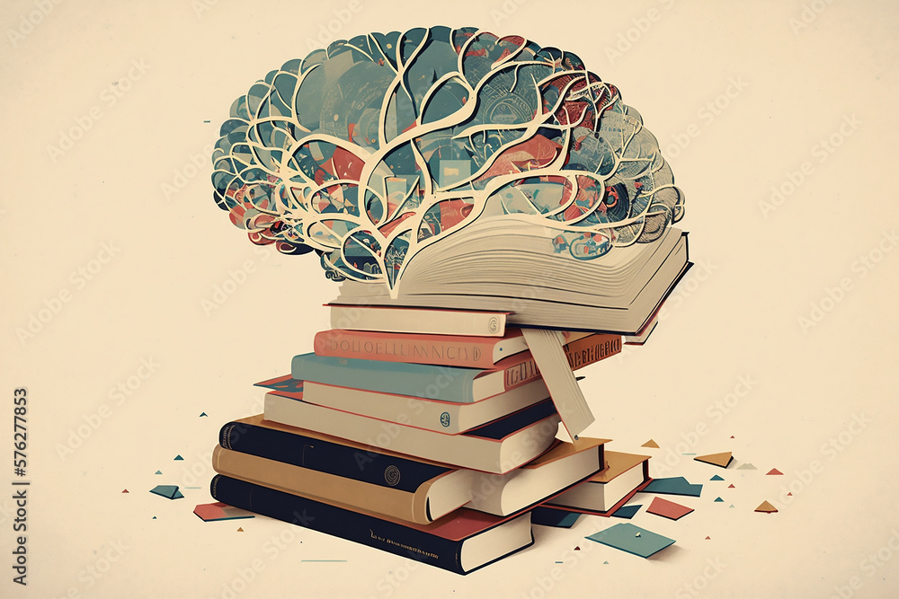 Wall mural idea conceptual art collage of brain on books representing science and knowledge, generative ai