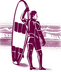 vector illustration of the surfer on the beach