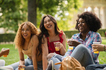 diverse women on picnic drink juice and have fun in park, millennial generation enjoying free time.