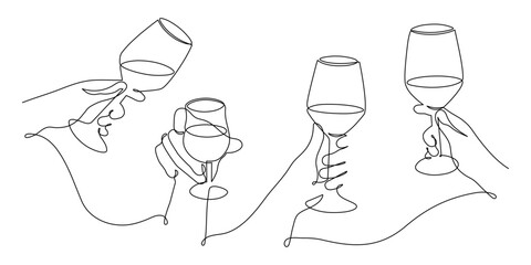 Hands hold wine clinking glasses one line art,continuous drawing contour.Cheers toast festive hand drawn decoration for holidays,romantic Valentine's Day design.Editable stroke. Isolated.Vector