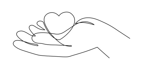 Hand with heart one line art,love concept continuous contour drawing,hand-drawn Valentine's day decoration.Romance, engagement and marriage symbol. Editable stroke.Isolated.Vector illustration