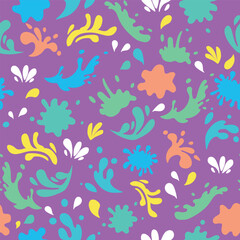 Colorful Water Splashes and waves seamless pattern on purple background