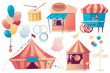 Circus set graphic elements in flat design. Bundle of stalls with tickets, food kiosk, balloons, cotton candy, pointer, shooting gallery, carnival circus marquee. Vector illustration isolated objects