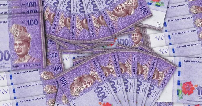 Malaysia Ringgit banknotes in a cash fan mosaic pattern loop. Malaysian 100 MYR notes. Abstract concept of bank, finance, economy seamless and looped decorative design background.