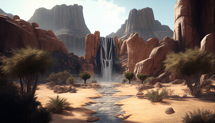 The Desert Treasure: A Stunning and Adventure-Filled View of a Waterfall in a Desert Lost City. Generative Ai