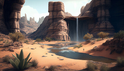 The Lost City Oasis: A Stunning and Adventure-Filled View of a Waterfall in a Desert Lost City. Generative Ai
