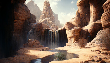 The Desert Gem: A Gorgeous and Adventure-Filled View of a Waterfall in a Desert Lost City with Incredible Detail. Generative Ai