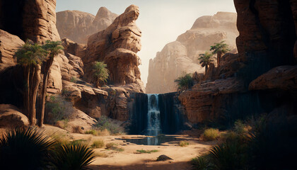 The Hidden Oasis: A Gorgeous and Adventure-Filled View of a Waterfall in a Secluded Desert Lost City. Generative Ai