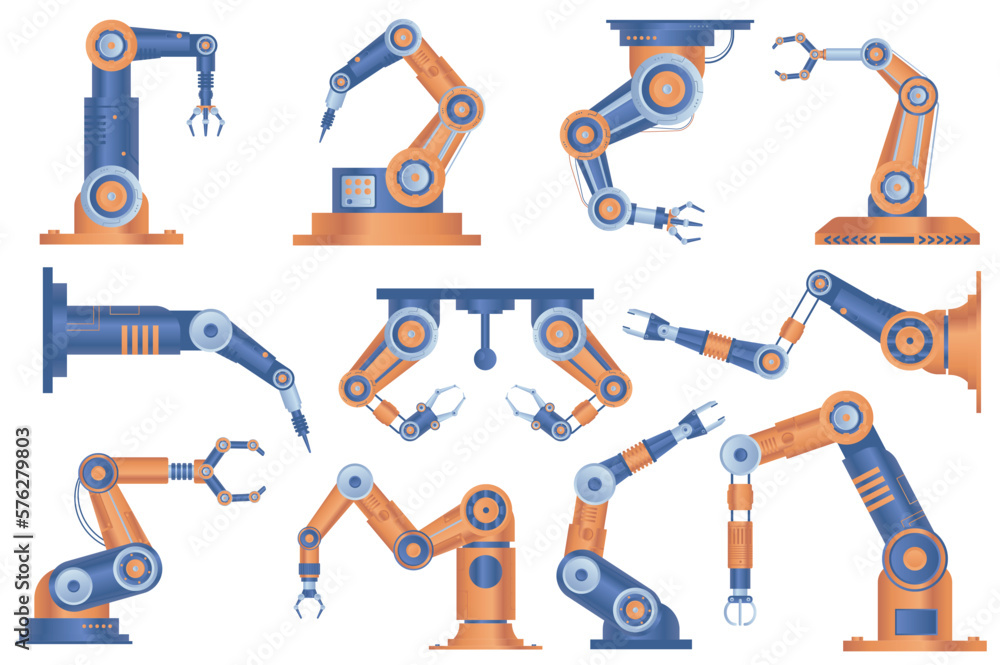 Aufkleber industrial robot arms set graphic elements in flat design. bundle of automatic robotic manipulators 