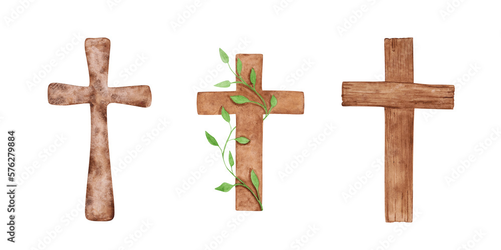 Wall mural Set of 3 Religious crosses isolated on a transparent background. Watercolor wooden Christian cross illustrations. The hand-painted catholic or orthodox symbol for the first community or Easter.