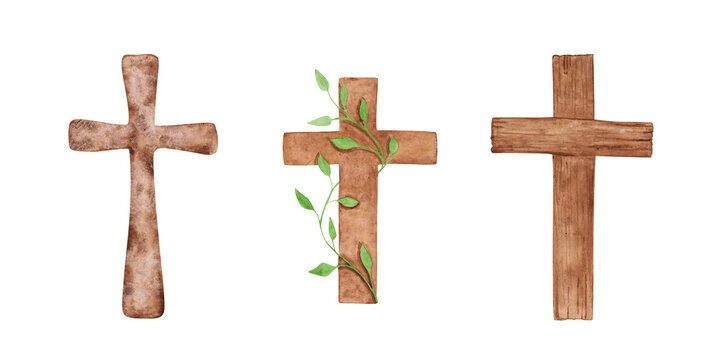 Set of 3 Religious crosses isolated on a transparent background. Watercolor wooden Christian cross illustrations. The hand-painted catholic or orthodox symbol for the first community or Easter.