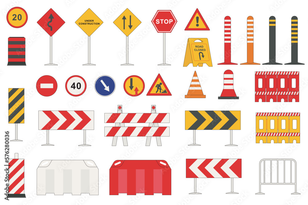 Aufkleber road signs set graphic elements in flat design. bundle of signpost and direction pointers, speed lim