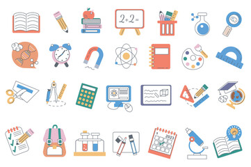 School supplies set graphic elements in flat design. Bundle of book, pencil, chalkboard, flask, magnifying glass, dna, clock, magnet, atom, notebook and other. Vector illustration isolated objects