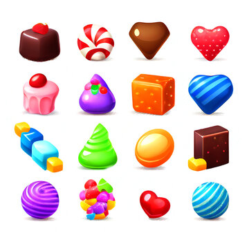 Set of hard candy, lollipop, chocolate and jelly icons. Isolated elements on white background. Perfect for match three game or other gaming design. Generative Ai.