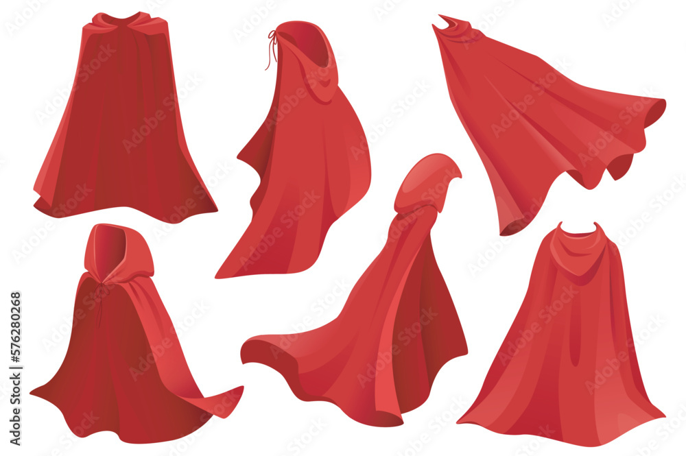 Poster superhero red cape set graphic elements in flat design. bundle of fabric silk cloak in front, side a