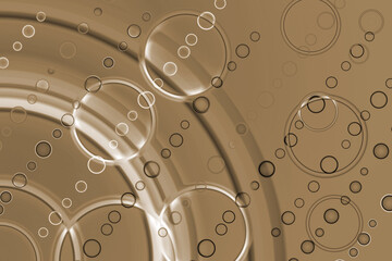 From the corner of the beige background, waves and bubbles of different sizes diverge in arcs. Monochrome abstract background. Illustration.