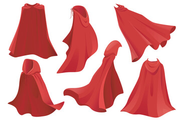 Superhero red cape set graphic elements in flat design. Bundle of fabric silk cloak in front, side and back view, flowing and flying comic masquerade costume. Vector illustration isolated objects